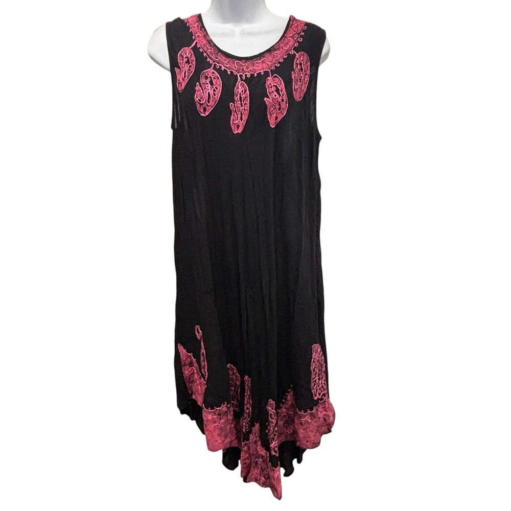 Mamta‎ Plus Size Black Pink Paisley Embroidered Viscose Boho Midi Dress NWT